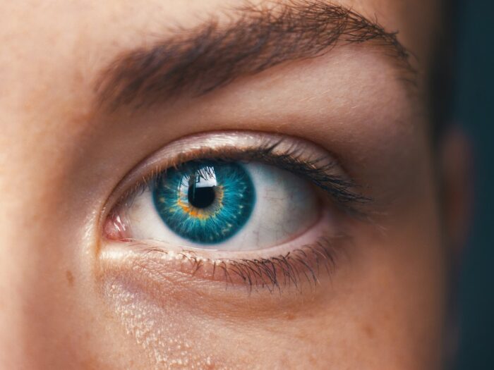 selective focus of blue-eyed person